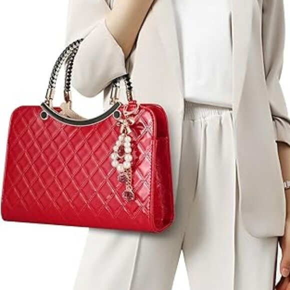 Neiman Marcus Shiny Faux Leather Red Diamond Pattern Top Handle Purse - Picture 2 of 4